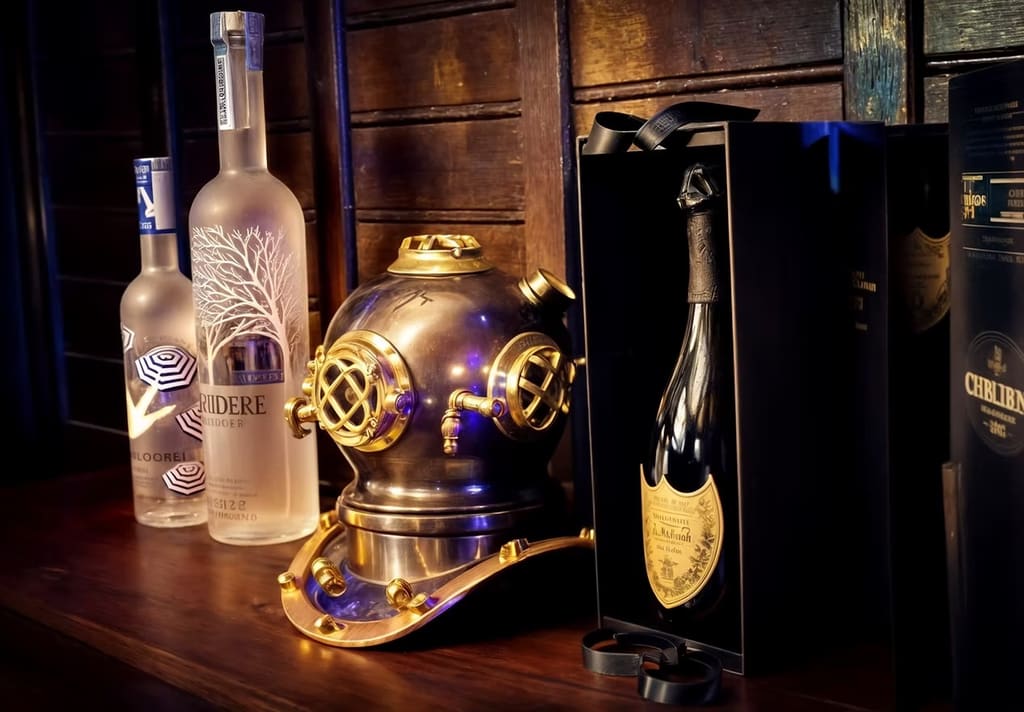 Bottiglie di champagne e distillati accanto a un elmo da palombaro d'epoca
